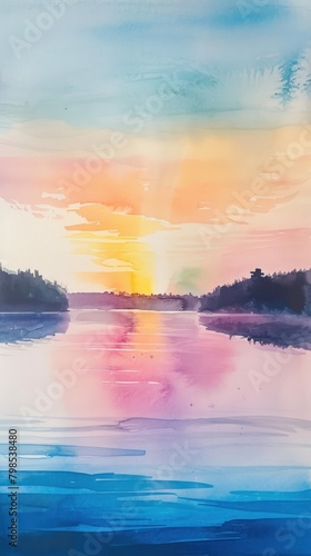 Watercolor rainbow gently painted over a serene lake photo
