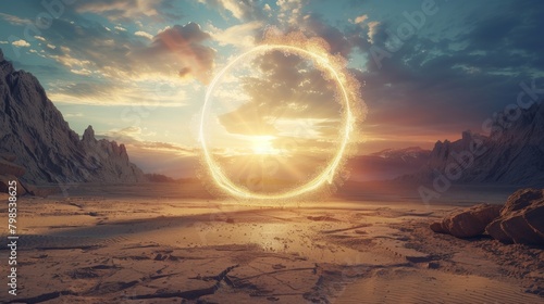 A portal made of shimmering light opens up in a barren desert landscape, revealing a glimpse of a fantastical world beyond  photo