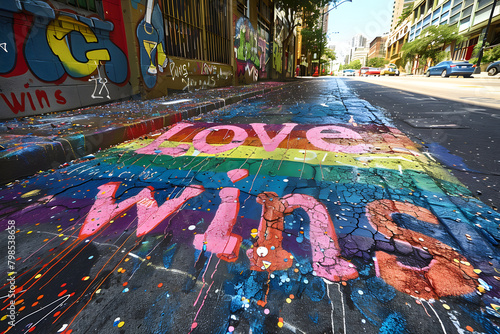 LGBTQ Pride rainbow text Love Wins