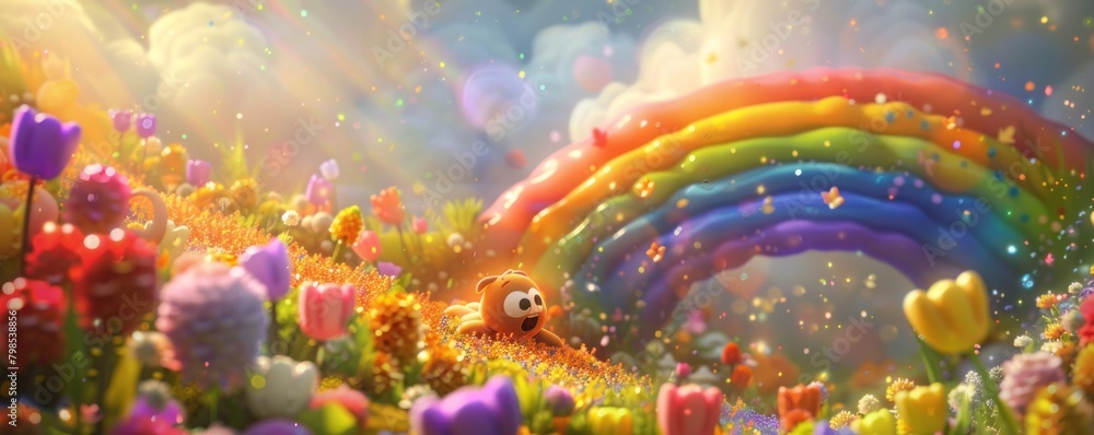 Cute animal characters sliding down a vibrant rainbow into a pot of gold set in a lush