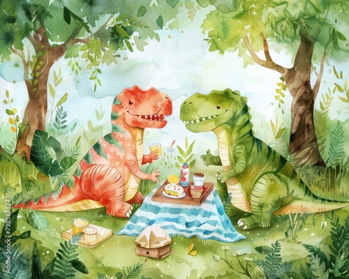 Dinosaurs at a picnic watercolor illustration © Nisit