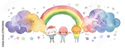 Cute cloud characters holding hands and forming a rainbow