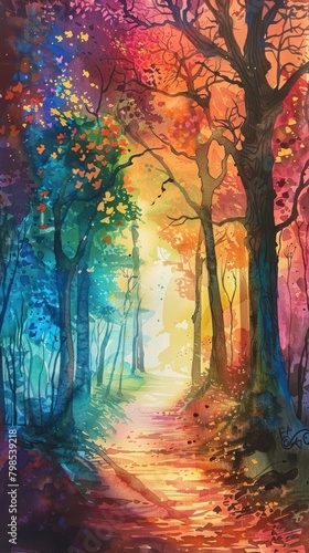 A dreamy forest with trees draped in rainbow-colored leaves
