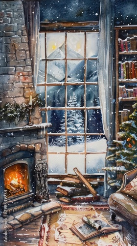 A cozy winter library scene with a fireplace and snowy window view