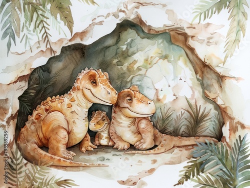 A cozy dinosaur family cuddling in a cave © Nisit