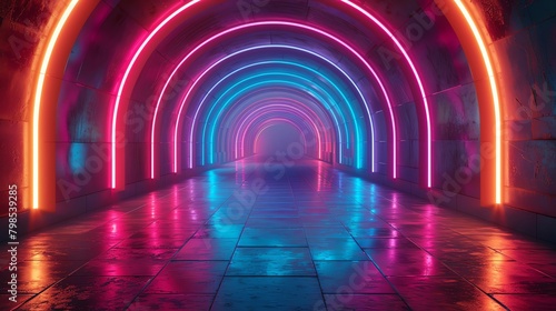 Craft a striking 3D render with a side view perspective, illuminating neon hues blending into dazzling, multicolored rays for a modern and captivating visual experience,