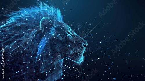 Abstract digital lion , lines and connected dots. King of beasts. Technology wild concept. Low Poly Wireframe 3D illustration photo