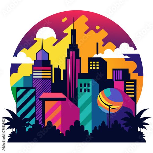 Showcasing a city skyline at dusk, infused with colorful graffiti murals and silhouettes of fashionable figures embodying the spirit of contemporary urban fashion