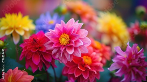 A close-up of a bouquet of multicolored dahlia flowers. The flowers are mostly pink, red, and purple, with some yellow and white flowers as well. The flowers are in focus, with a blurred background.