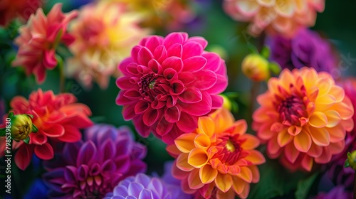 A close-up of a bouquet of multicolored dahlia flowers. The flowers are mostly pink, red, and purple, with some yellow and white flowers as well. The flowers are in focus, with a blurred background.

