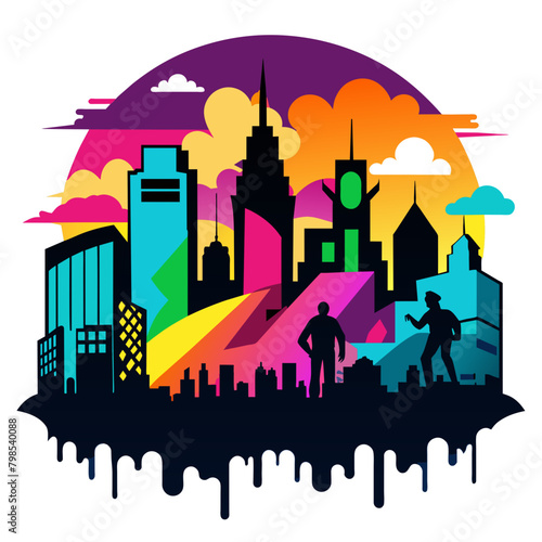 Showcasing a city skyline at dusk, infused with colorful graffiti murals and silhouettes of fashionable figures embodying the spirit of contemporary urban fashion