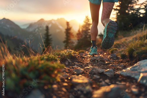 Close-up a woman trail running on the top of mountain with sunrise, outdoor activity and adventure in nature.