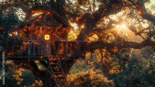 A treehouse built for two nestled amongst the branches of a giant oak tree, with a fairy light-lit balcony overlooking a sun-dappled forest. 