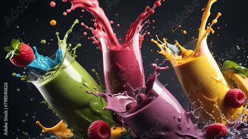 Smoothies, Healthy and vibrant smoothie. Capture dramatic smoothie splash. Creative Dynamic compotition vary angle. Macro Food photography, taken by very high tech expensive camera. Eyecatching, mouth photo