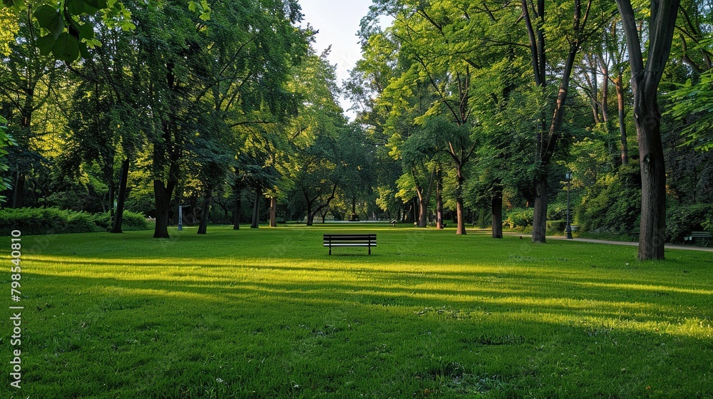 This image shows a tree-lined path with a bench in the distance. The path is bordered by tall hedges and there is a large tree to the right of the bench.

