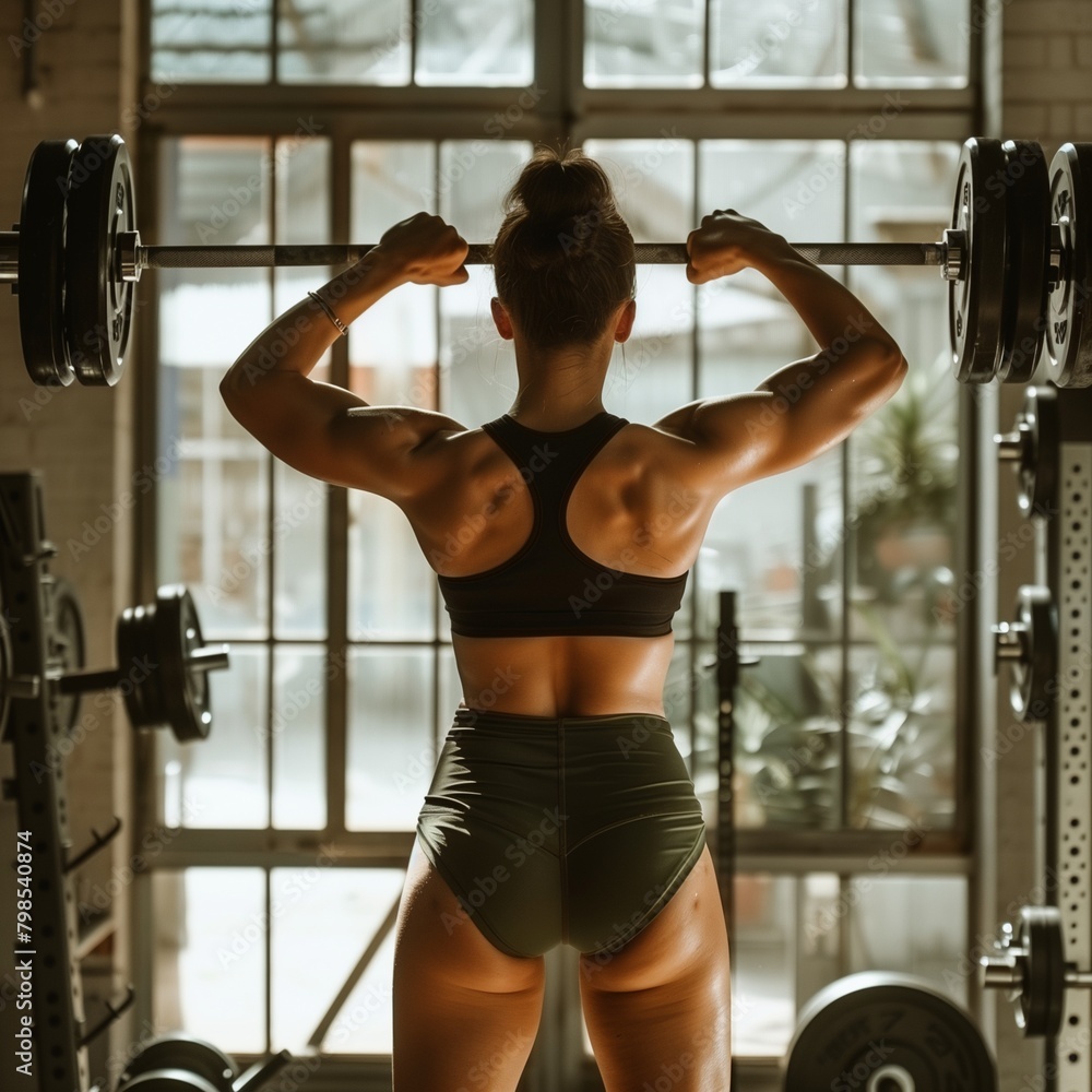 Muscular woman lifting dumbbells in gym workout Muscular woman lifting dumbbells in gym workout