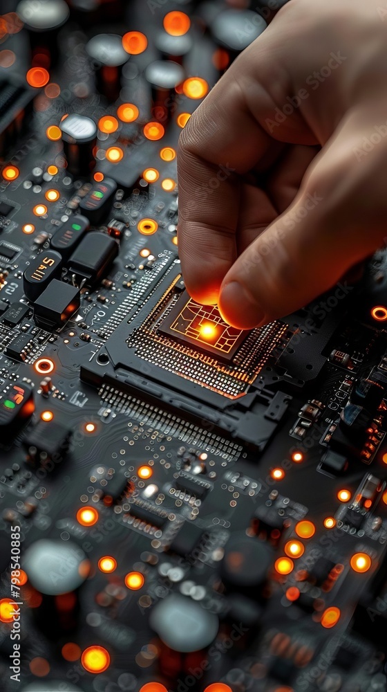 businessman touching glow CPU and electronics circuit businessman touching glow CPU and electronics circuit