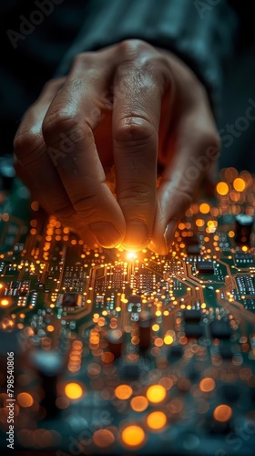 businessman touching glow CPU and electronics circuit
