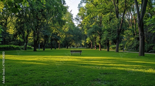 This image shows a tree-lined path with a bench in the distance. The path is bordered by tall hedges and there is a large tree to the right of the bench.