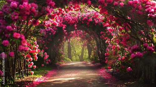 A photo of a beautiful garden path with pink flowers.  