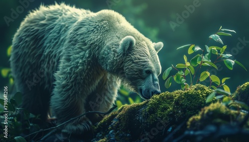 The bear is walking in the forest. The bear is looking for food. The bear is a wild animal. The bear is dangerous. photo