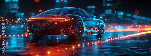 3D Abstract Visualization of AI in Automotive Design with Mesh Wireframe and Data Streams © Exnoi