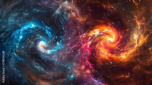 Two swirling galaxies intertwined, their colors blending into a vibrant nebula representing love's cosmic connection.