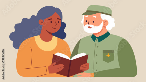 An immigrant woman and an elderly veteran share stories of their respective journeys finding comfort and camaraderie in their unlikely shared history.. Vector illustration