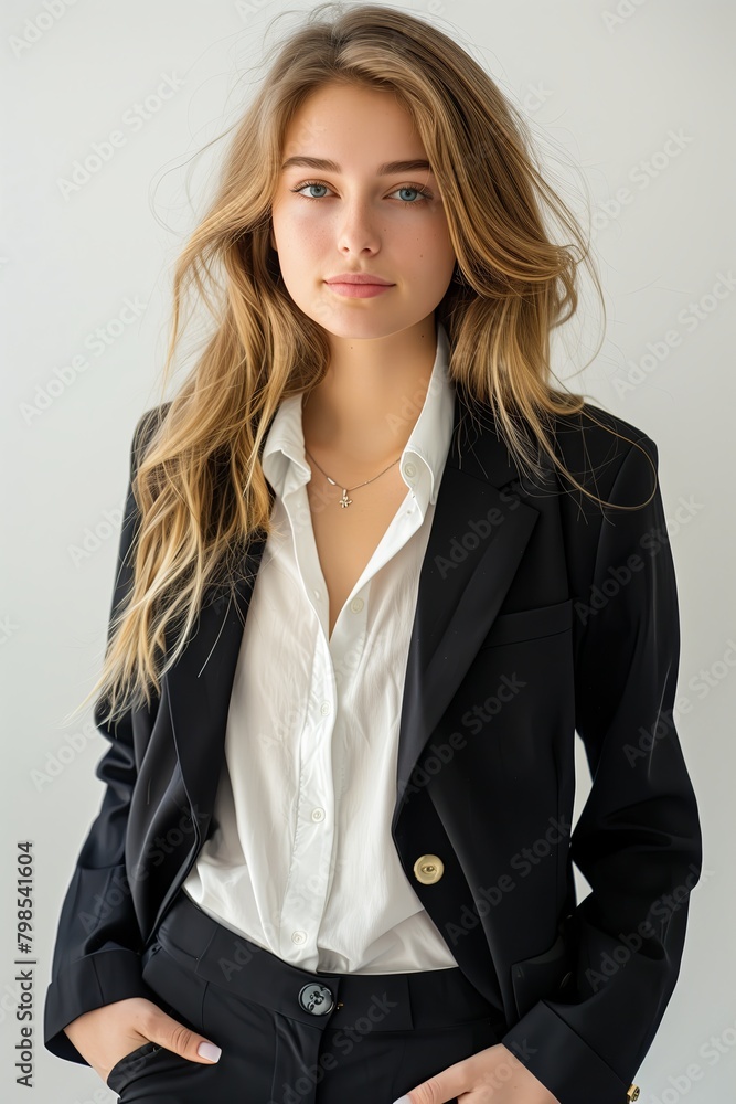 Smiling businesswoman stands holding hands in pockets and looking at camera , white background Smiling businesswoman stands holding hands in pockets and looking at camera , white background
