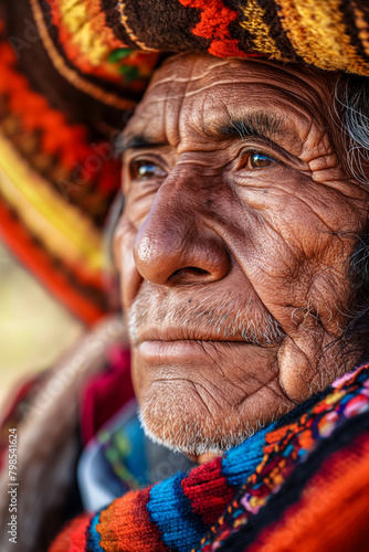 Close up portrait of an elderly Andean man wearing colorful traditional clothes, vacationing and traveling to popular destinations, learning heritage and traditions