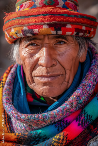 Portrait of an elderly Quechua man in Bolivia wearing colorful traditional clothing