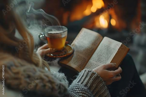 Woman reads book with tea near fireplace closeup book photo