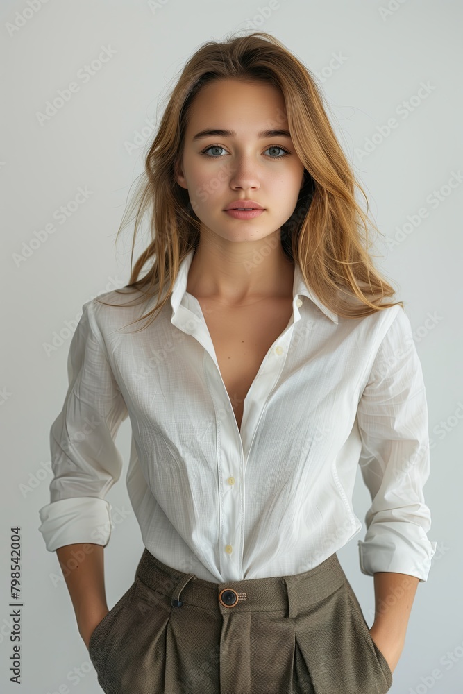 Smiling businesswoman stands holding hands in pockets and looking at camera , white background Smiling businesswoman stands holding hands in pockets and looking at camera , white background