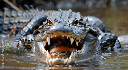 A crocodile lies in the water with its mouth open, showing off his teeth and big tongue. The scales of an alligator are visible on it's skin, which is blackish gray or dark brown © Kien