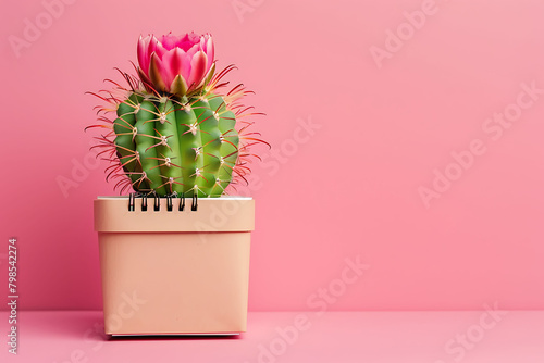 Mockup paper spiral calendar with cactus on pink background photo