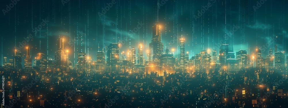 Cityscape with Blockchain and Big Data Structures Crumbling in Cybersecurity Attack - 3D Wireframe Style Illustration