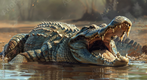 A crocodile lies in the water with its mouth open, showing off his teeth and big tongue. The scales of an alligator are visible on it's skin, which is blackish gray or dark brown