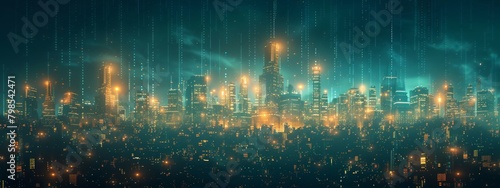 Cityscape with Blockchain and Big Data Structures Crumbling in Cybersecurity Attack - 3D Wireframe Style Illustration