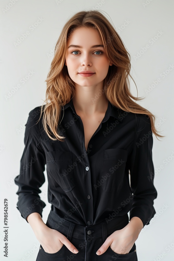 Smiling businesswoman stands holding hands in pockets and looking at camera , white background Smiling businesswoman stands holding hands in pockets and looking at camera , white background