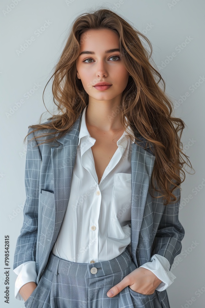 Obraz premium Smiling businesswoman stands holding hands in pockets and looking at camera , white background