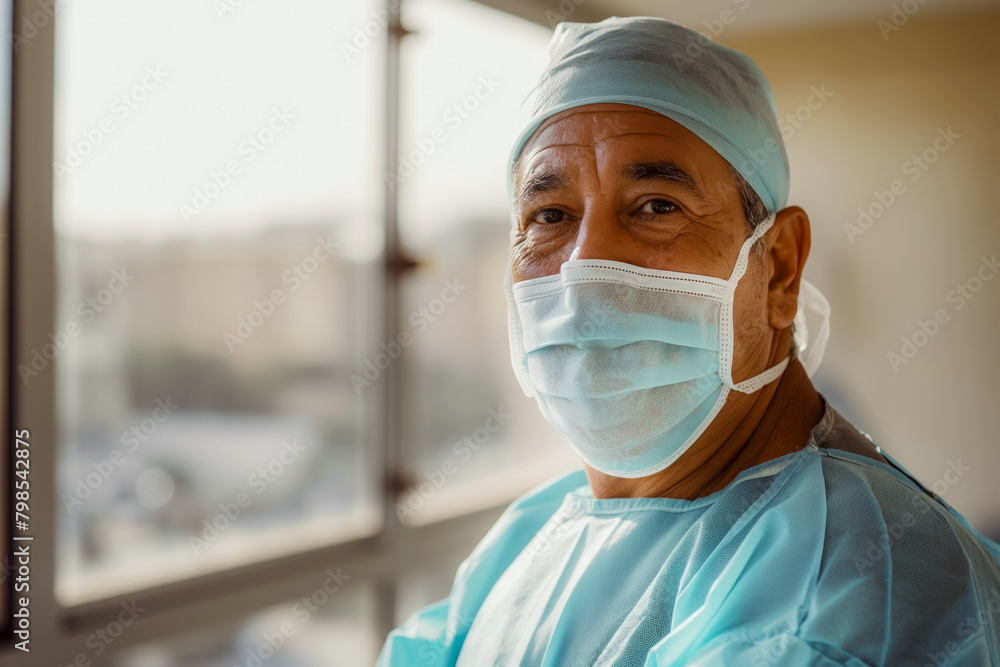 Portrait of a tired adult vascular surgeon after surgery, horizontal portrait with copy space Portrait of a tired adult vascular surgeon after surgery, horizontal portrait with copy space