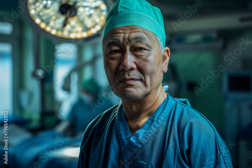 The surgeon looks tiredly at the camera after the operation, portrait of a specialist against the backdrop of a surgical operation photo