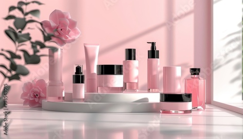 Natural beauty products sitting on marble table with flowers. The line includes facial cleanser, toner, serum, moisturizer, eye cream, and sunscreen.