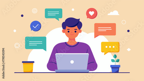 A person browsing through online forums and message boards seeking advice and support from others who have successfully overcome social anxiety.. Vector illustration