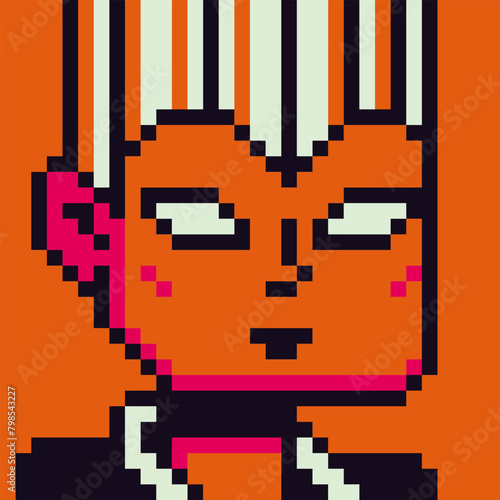 Pixel art strange woman face, 8-bit girl, avatar female character, cartoon vector icon, game user or web profile persons and people, social net portrait, minimalistic fashion, vector