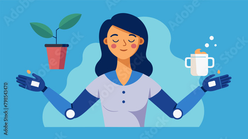 A woman with closed eyes hands outstretched as her robotic prosthetic arm picks up a cup of coffee for her..