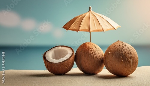 Tropical beach concept made of coconut fruit and sun umbrella. Creative minimal summer idea,beach, umbrella, isolated, food, brown, hazelnut, sea