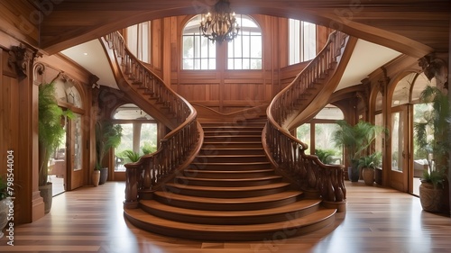 :A majestic redwood staircase winding through a grand foyer