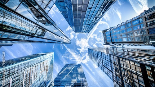 This is a photo looking up at a skyscraper made of reflective glass and steel with a blue sky and wispy white clouds in the background.