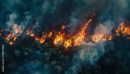 Firefighters battle a wildfire that burns through a forest.
